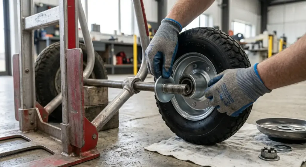 Installing a replacement wheel on a hand truck axle