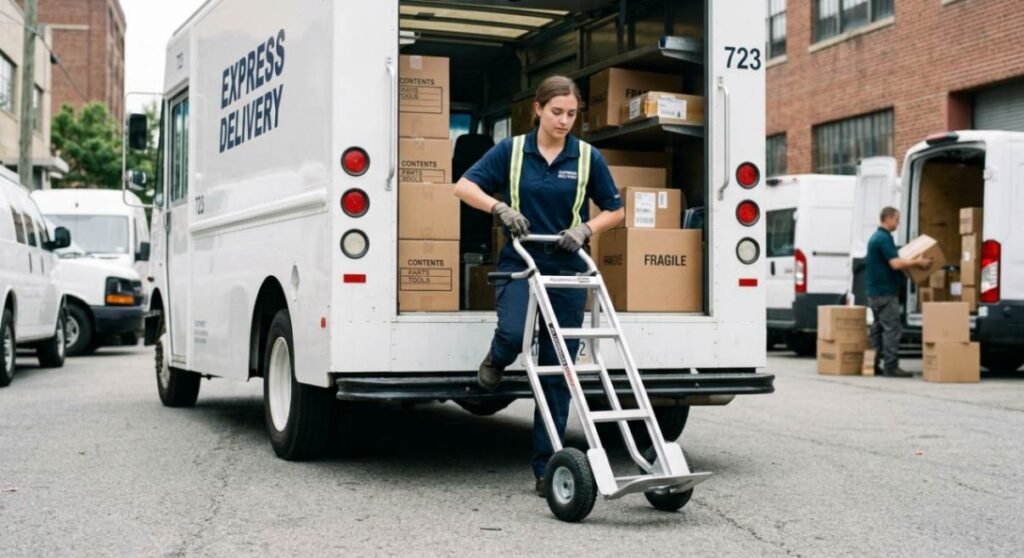 lightweight hand truck being loaded into delivery vehicle by courier
