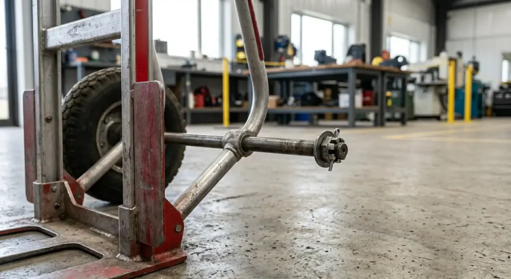 Hand truck wheel retaining hardware on axle