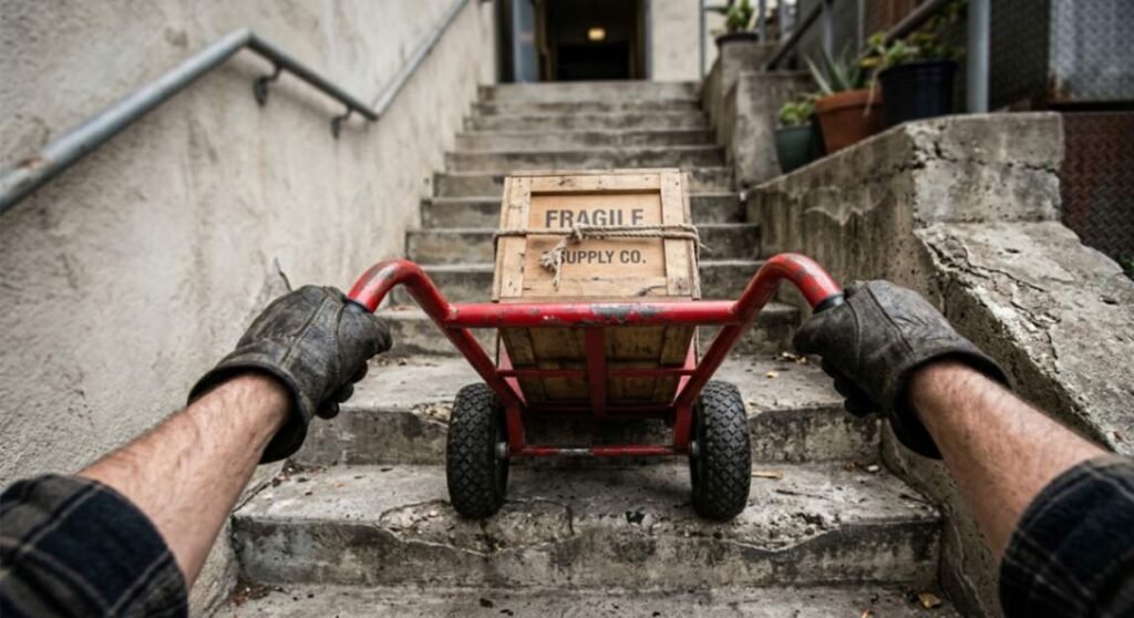Image of a 2-wheel hand truck with large tires being carefully pulled up concrete steps, illustrating its practicality for stairs
