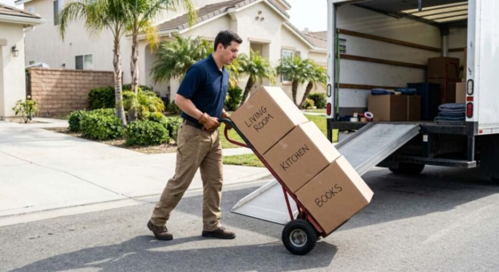 Person moving a stack of cardboard boxes using a heavy duty hand truck