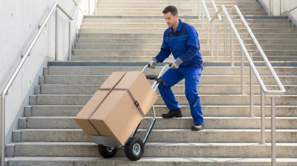 A man carefully lowering a loaded hand truck down concrete steps