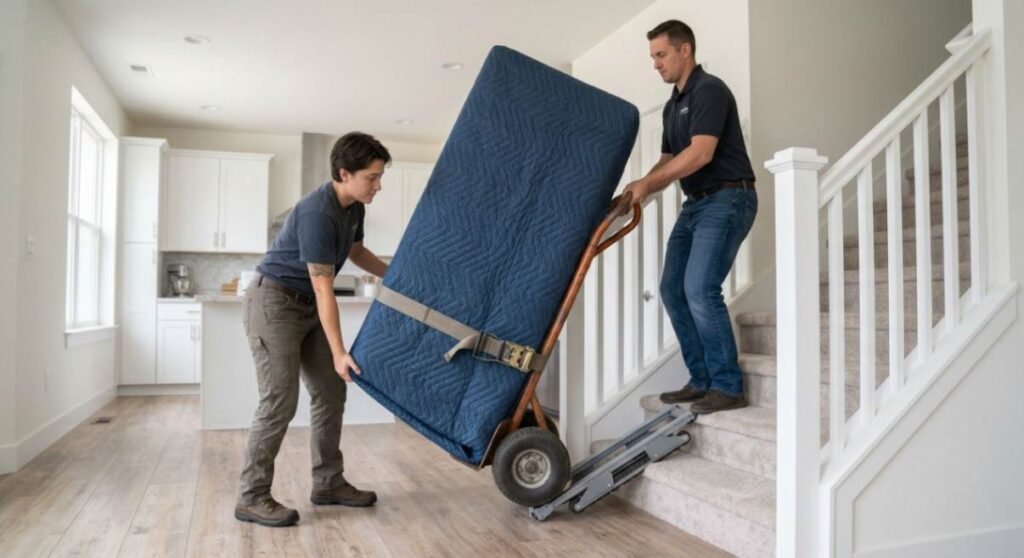 Moving a heavy refrigerator down stairs safely using an appliance dolly with a helper