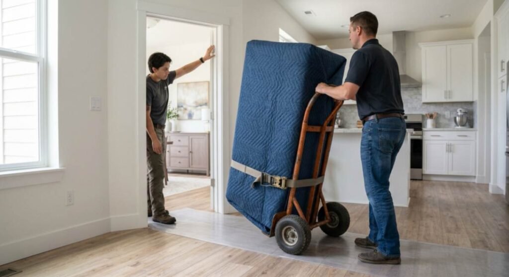 Two people carefully maneuvering a refrigerator through a doorway with a hand truck