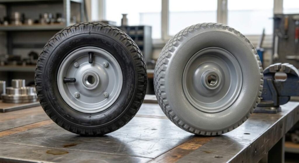 Side by side comparison of an air filled pneumatic hand truck wheel and a solid flat free polyurethane wheel.
