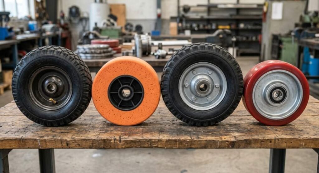 Close up view of pneumatic, flat free, solid rubber, and polyurethane hand truck wheel types.