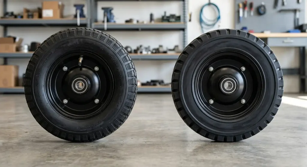 Pneumatic and flat free hand truck tires shown side by side.