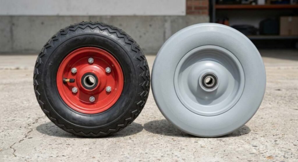 A pneumatic air-filled hand truck wheel resting next to a solid flat-free hand truck wheel.
