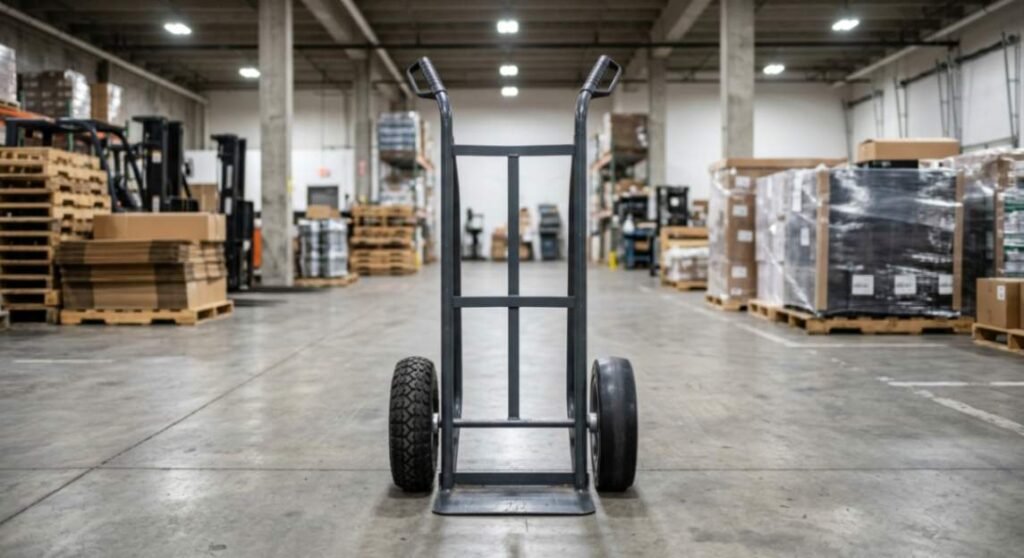 Comparison of a pneumatic tire and a flat free tire on a hand truck in a warehouse.