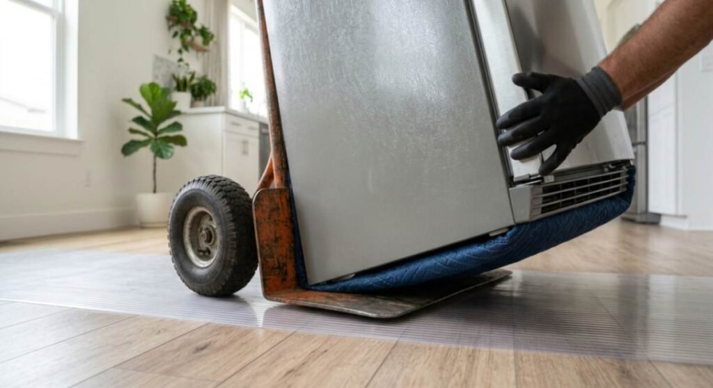 Sliding the hand truck toe plate underneath the base of a refrigerator