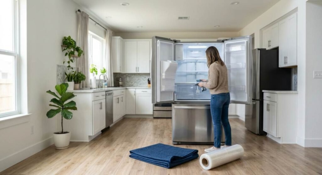 An empty refrigerator prepared and cleared out before being moved