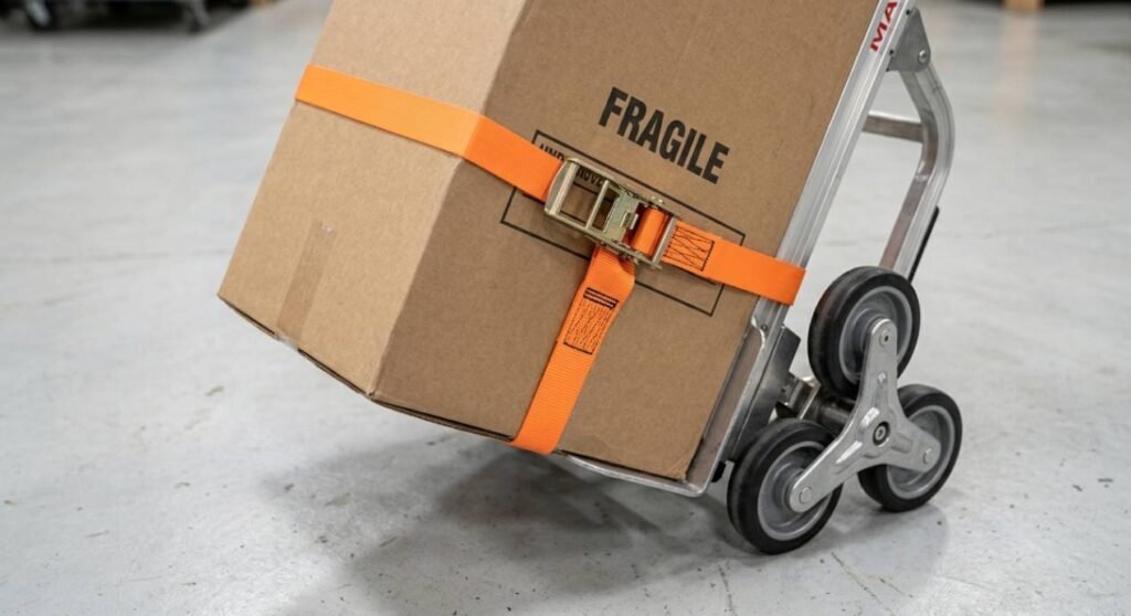 Heavy box strapped securely to a hand truck frame with a tie-down strap.