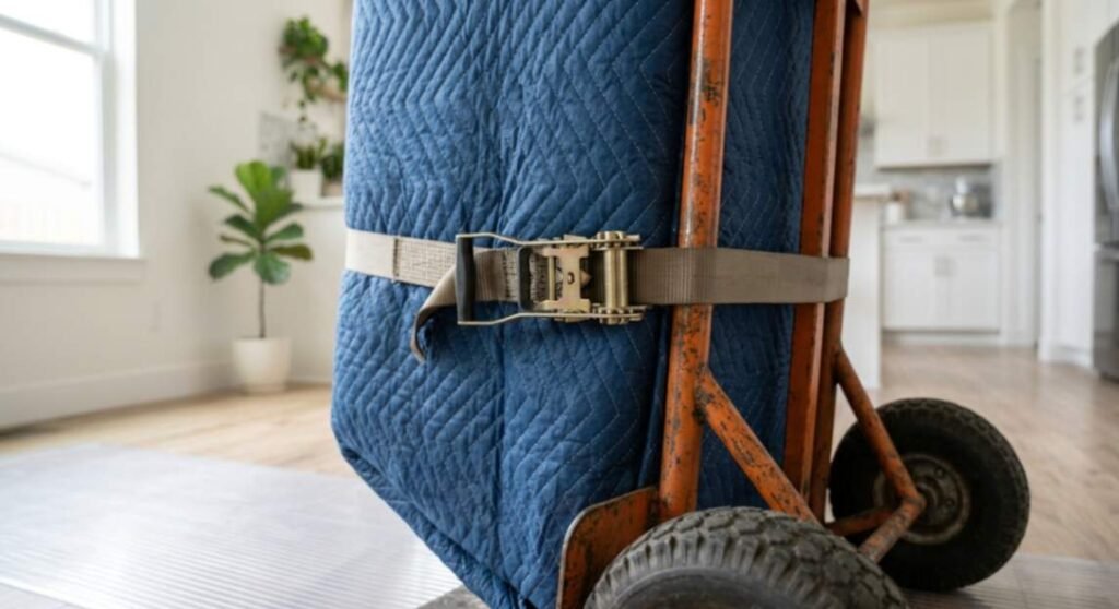 A refrigerator securely strapped to an appliance dolly frame