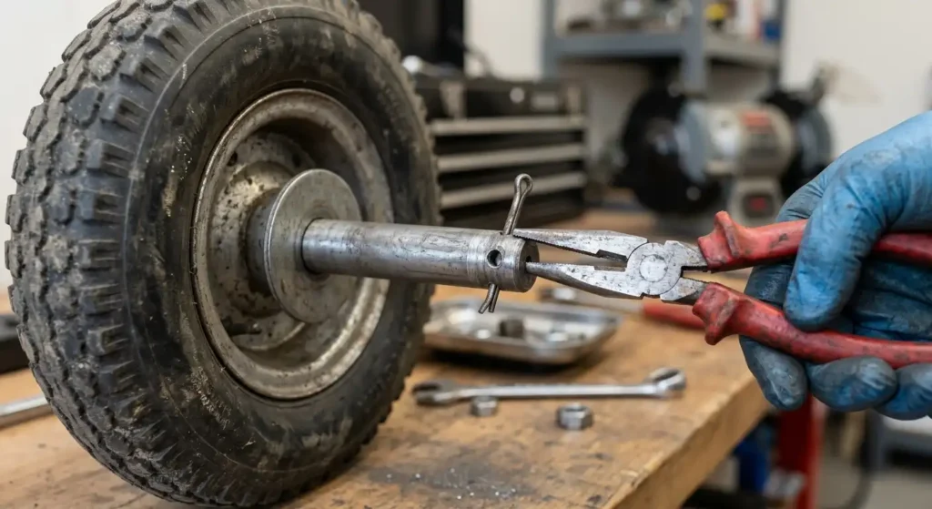 Removing the old wheel from a hand truck axle