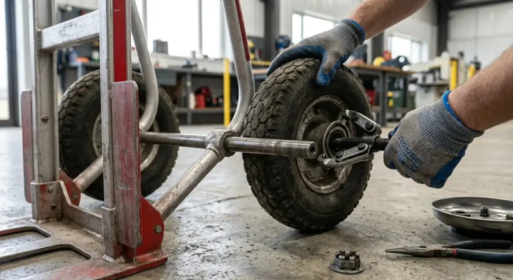 Removing an old hand truck wheel from the axle
