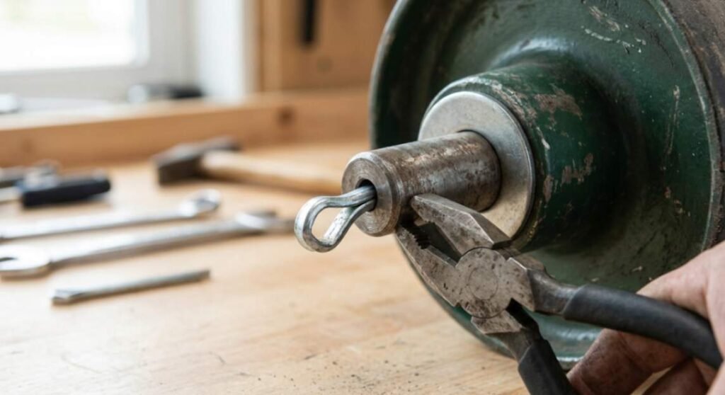Removing a cotter pin and washer from a hand truck axle with pliers