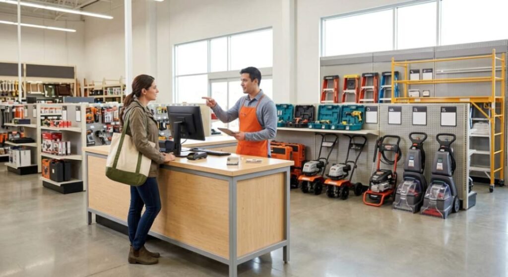 Customer renting equipment at a home improvement store rental counter