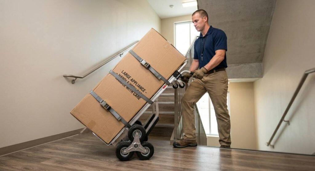 Worker using a stair climbing hand truck on stairs