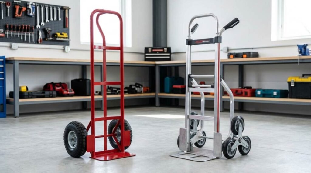 Side by side comparison of a standard two-wheel hand truck and a tri-wheel stair climbing hand truck.