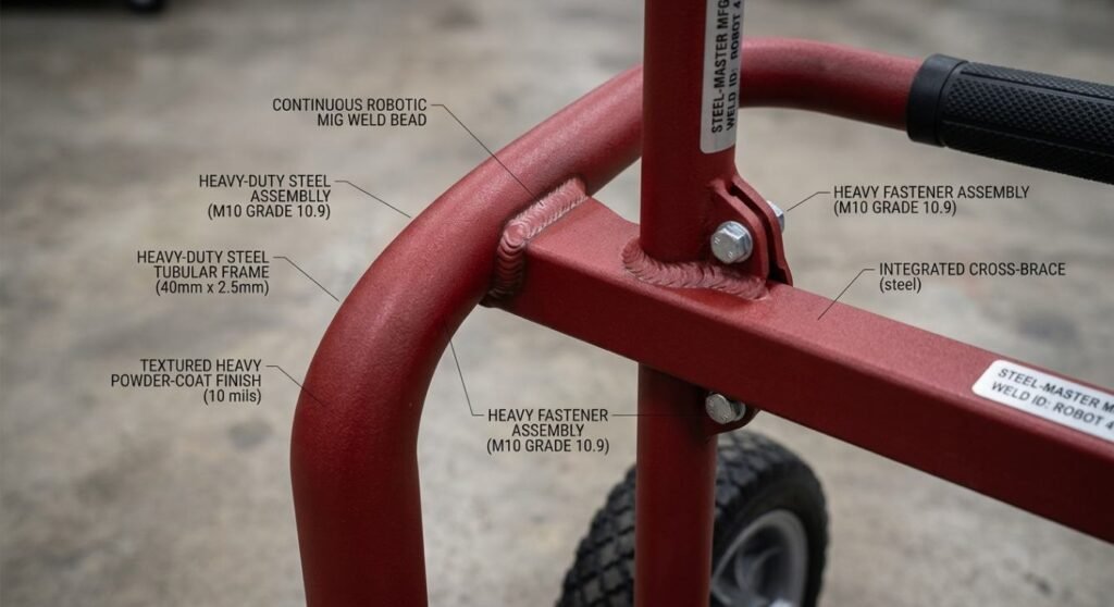 steel hand truck frame construction showing welded tubular steel joints