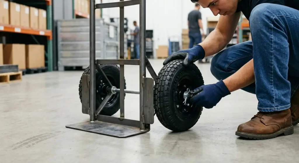 Testing a newly installed hand truck wheel
