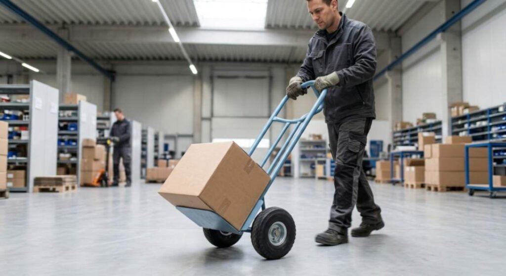 Testing a hand truck with newly installed wheels under a light cardboard box load.
