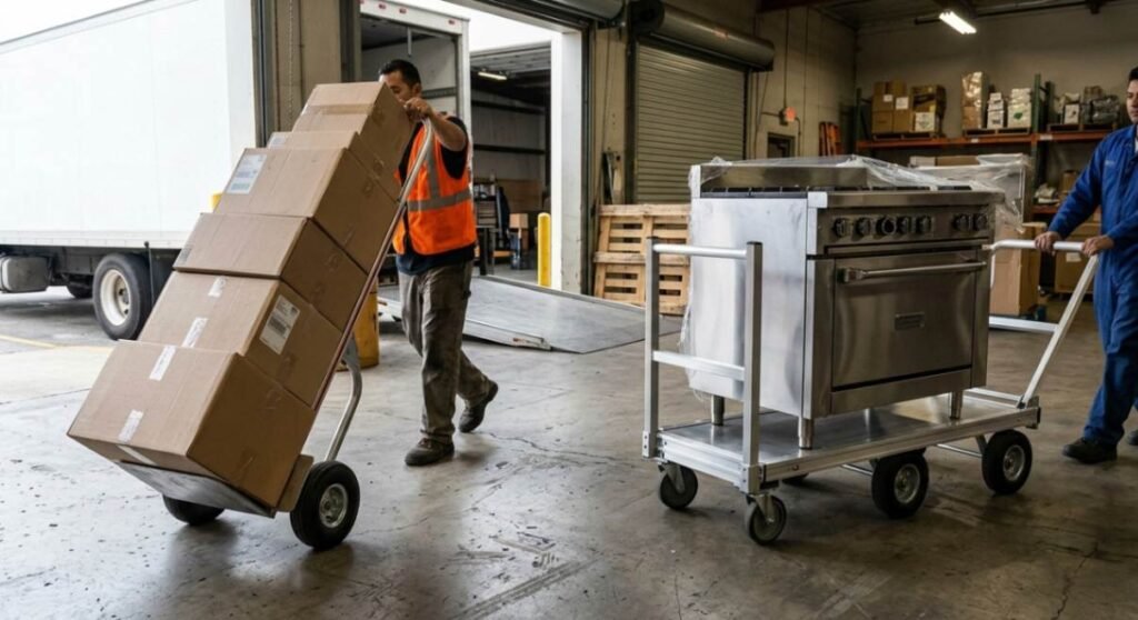 Two hand trucks showing an upright two wheel configuration and a horizontal four wheel platform configuration.