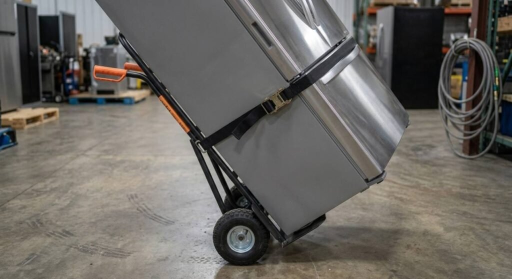 Appliance dolly used to move a refrigerator
