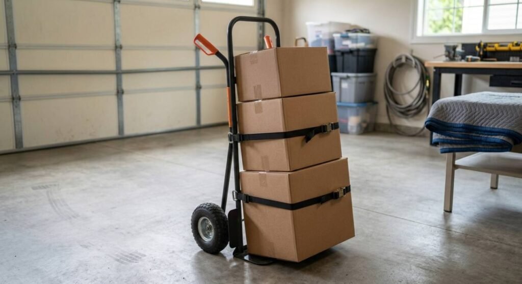 Hand truck loaded with moving boxes