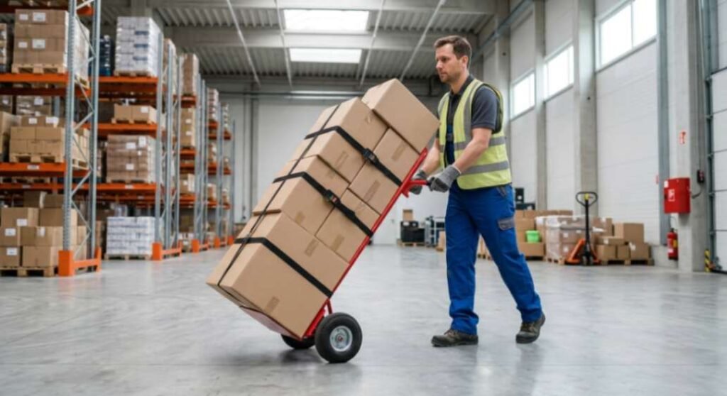Worker moving boxes with a two wheel hand truck