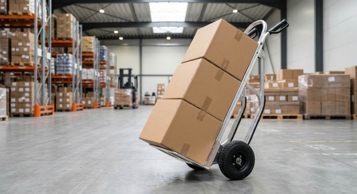 A hand truck loaded with cardboard boxes in a warehouse