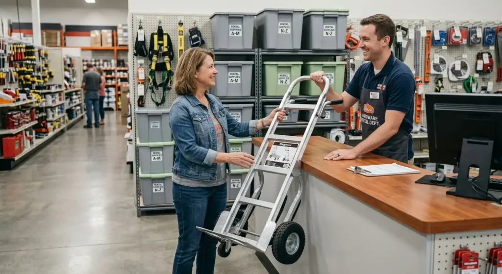 An appliance hand truck strapped to a stainless steel refrigerator for safe transport.
