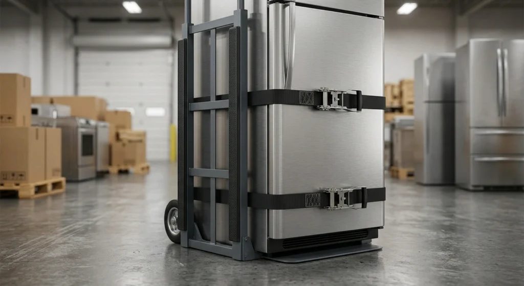 An appliance hand truck with heavy duty frame rails and securement strap holding a tall appliance.