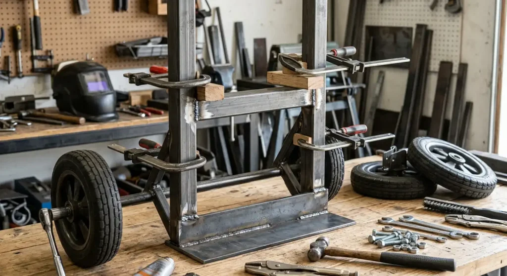 DIY hand truck frame being assembled