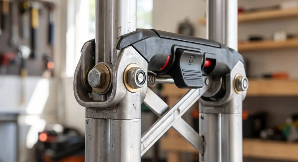 Close view of a folding hand truck mechanism during setup