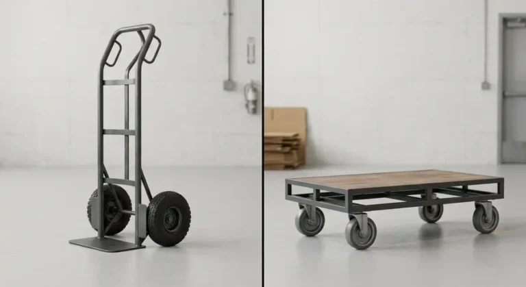 Traditional hand truck beside a four wheel platform dolly