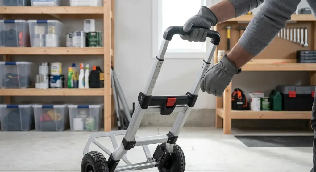 Handle being extended on a folding hand truck