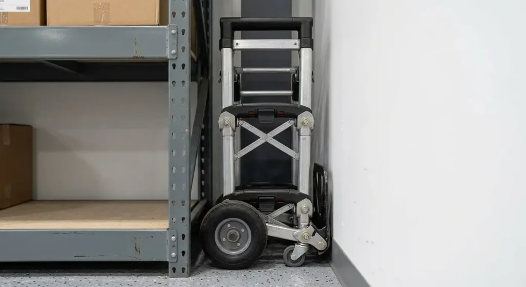 Folded Cosco hand truck stored safely in a compact position