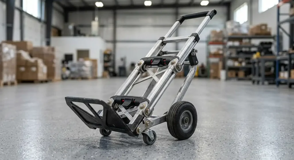 Cosco folding hand truck being collapsed for storage