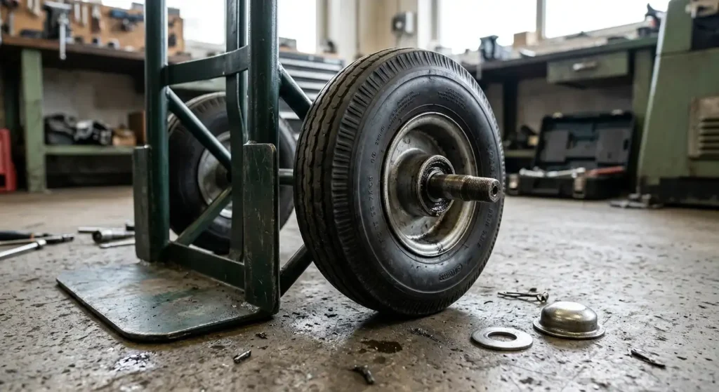Hand truck wheel and axle after removing the axle cap
