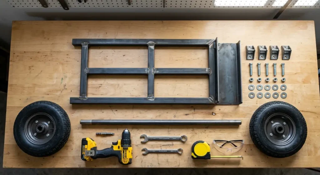 Parts and tools needed to build a hand truck dolly