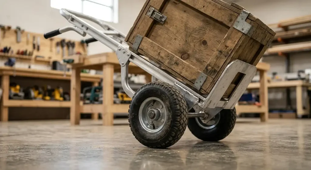 Heavy wooden crate properly centered and balanced over the axle of a tilted hand truck.