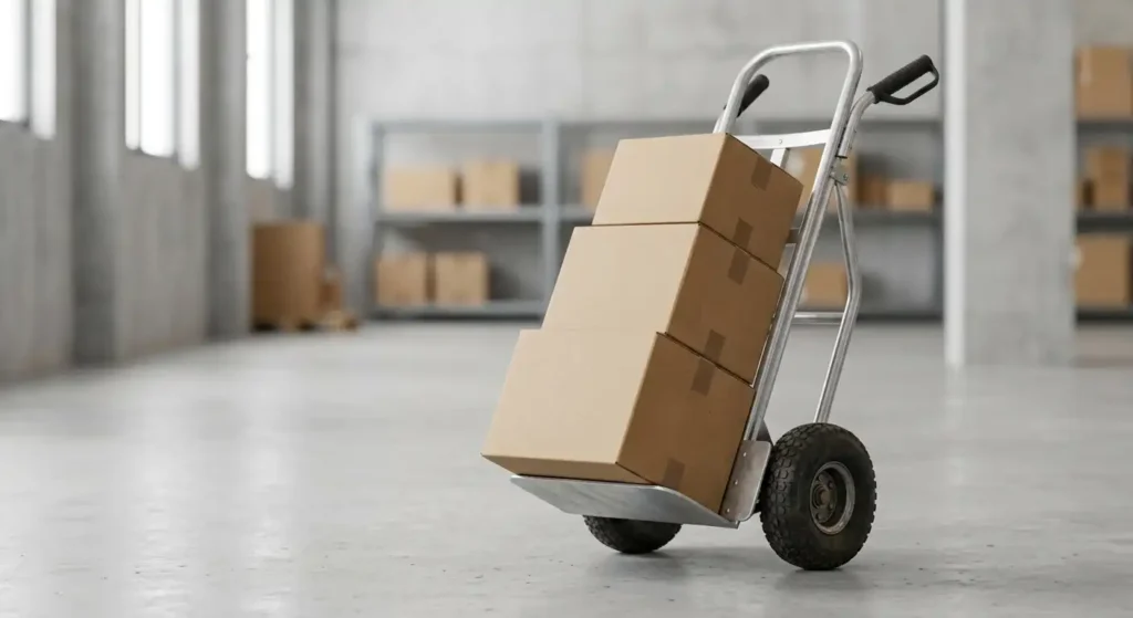 Hand truck loaded with stacked cardboard boxes on a warehouse floor