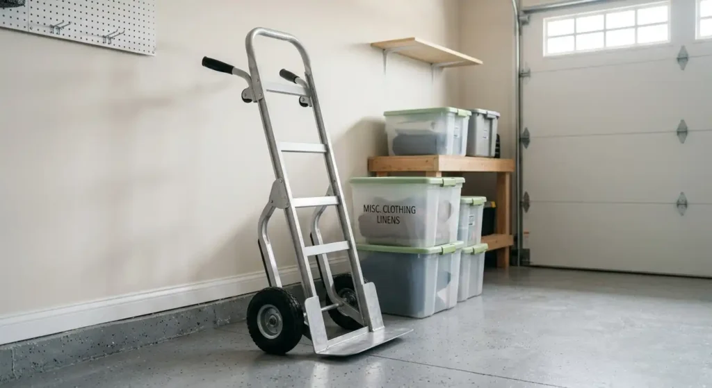 A two-wheel hand truck loaded with cardboard moving boxes in a residential garage.