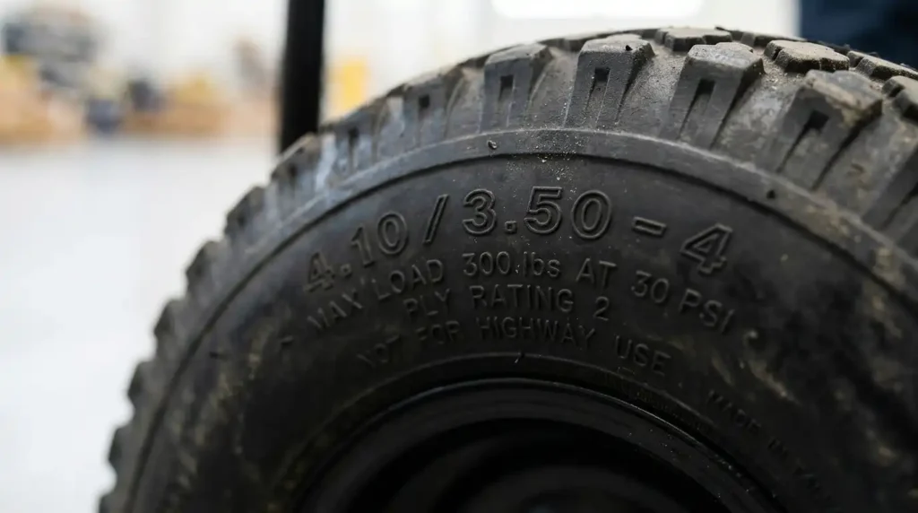 Close up view of molded pressure and size specifications on a pneumatic hand truck tire sidewall.