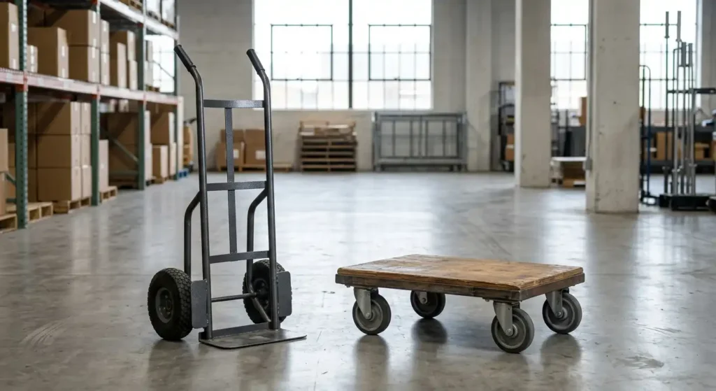 Clear side by side comparison of a vertical hand truck and a flat dolly