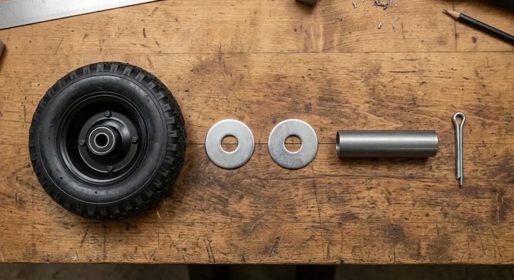 Hand truck wheel axle washers and retaining hardware