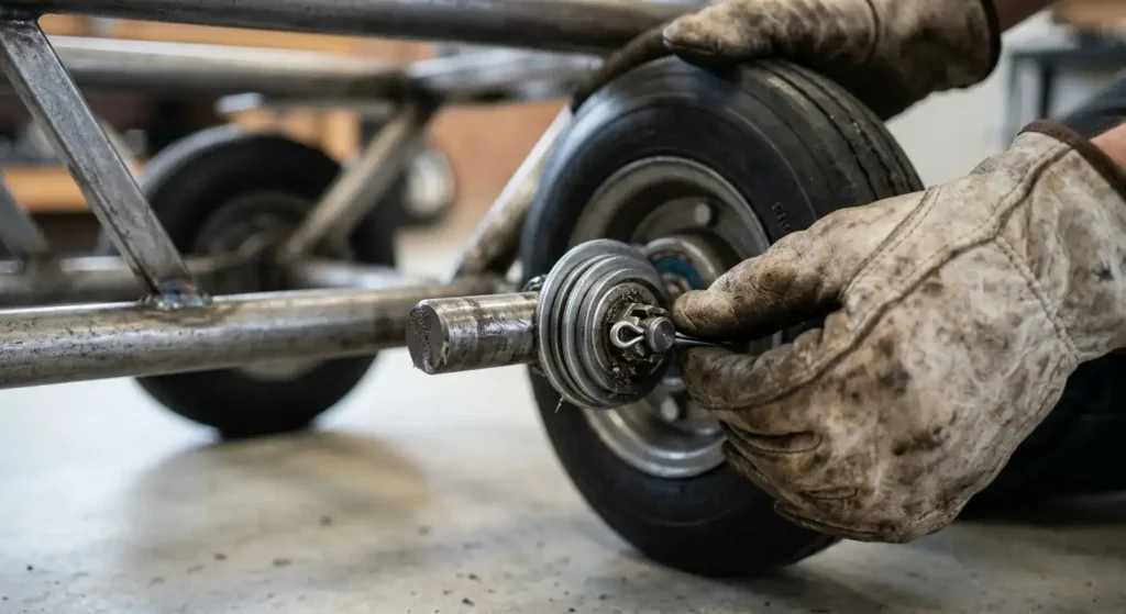 Close up view of hand truck wheel retaining pin and axle hardware during inspection