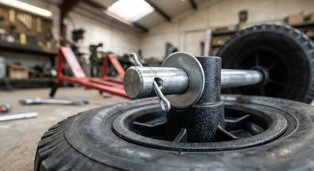 Hand truck wheel axle and retaining hardware