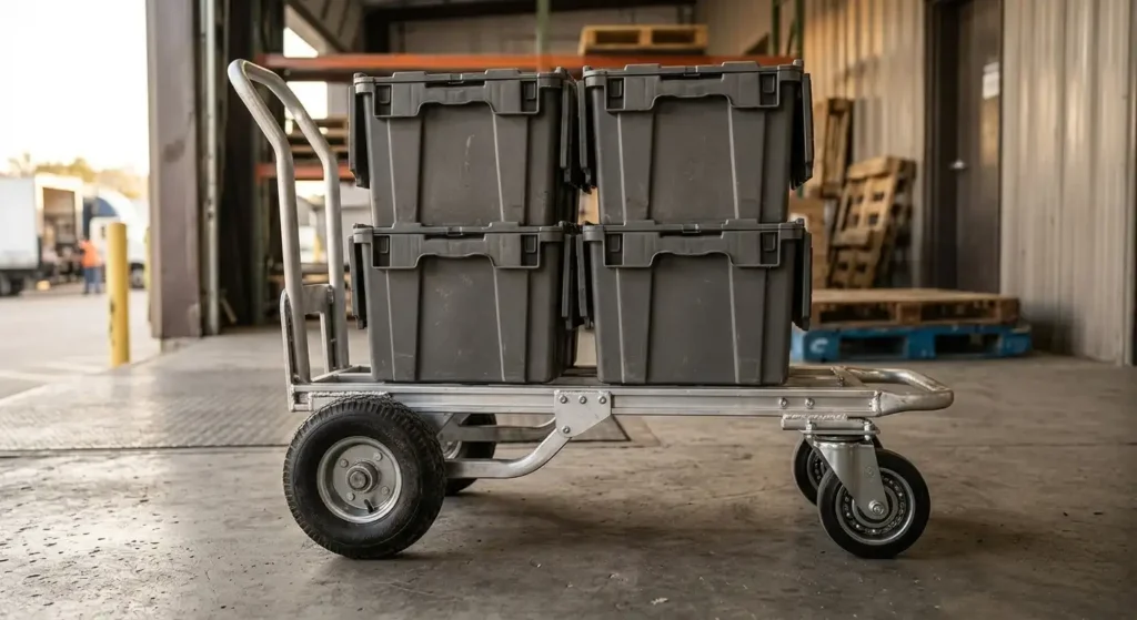 Heavy duty convertible hand truck used in horizontal four wheel platform cart configuration carrying heavy containers.